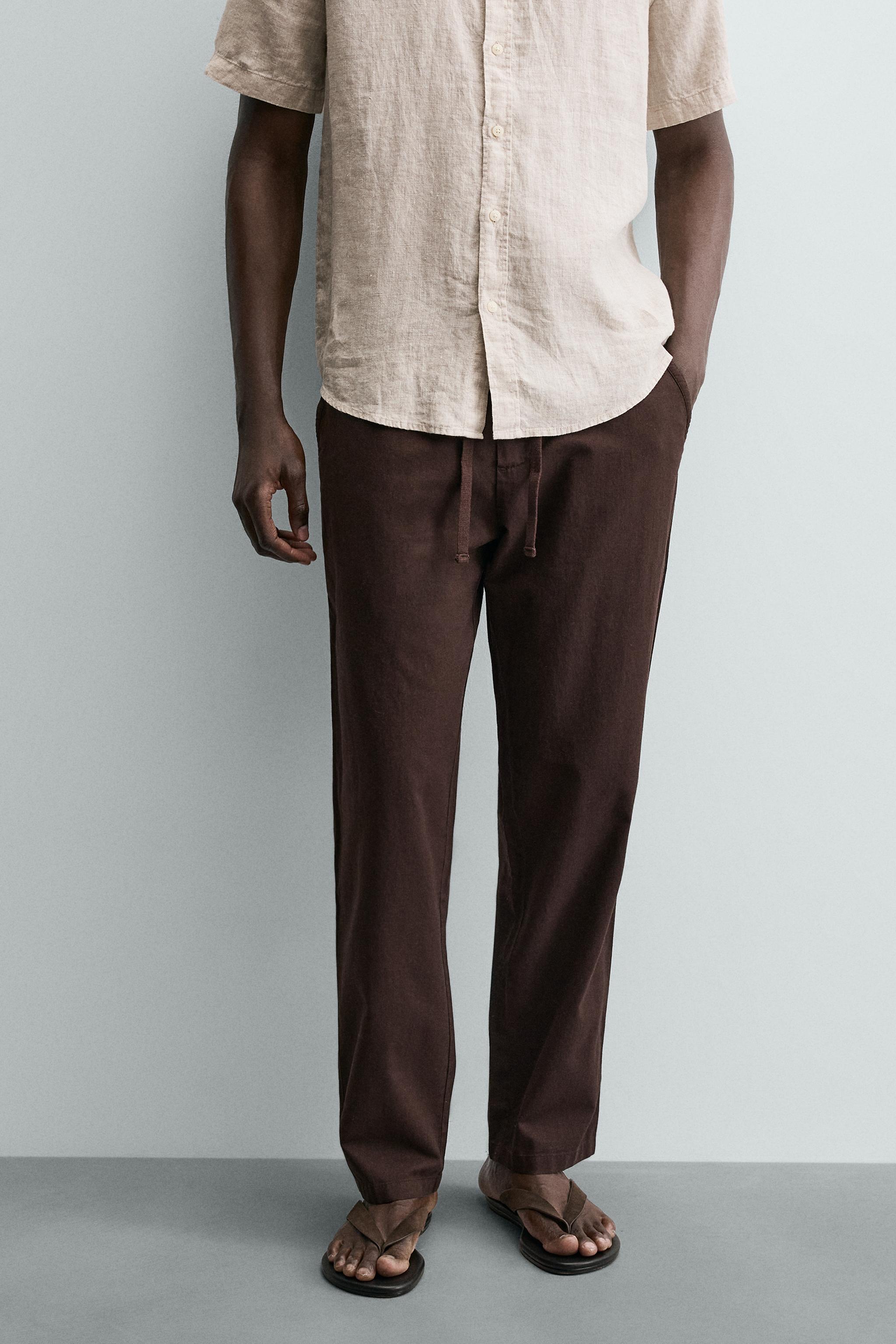 Linen Blend Relaxed Fit Trousers (Brown)