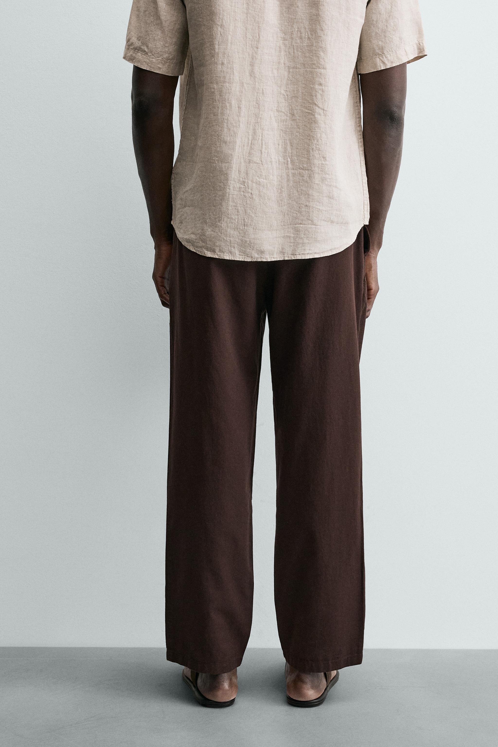 Linen Blend Relaxed Fit Trousers (Brown)