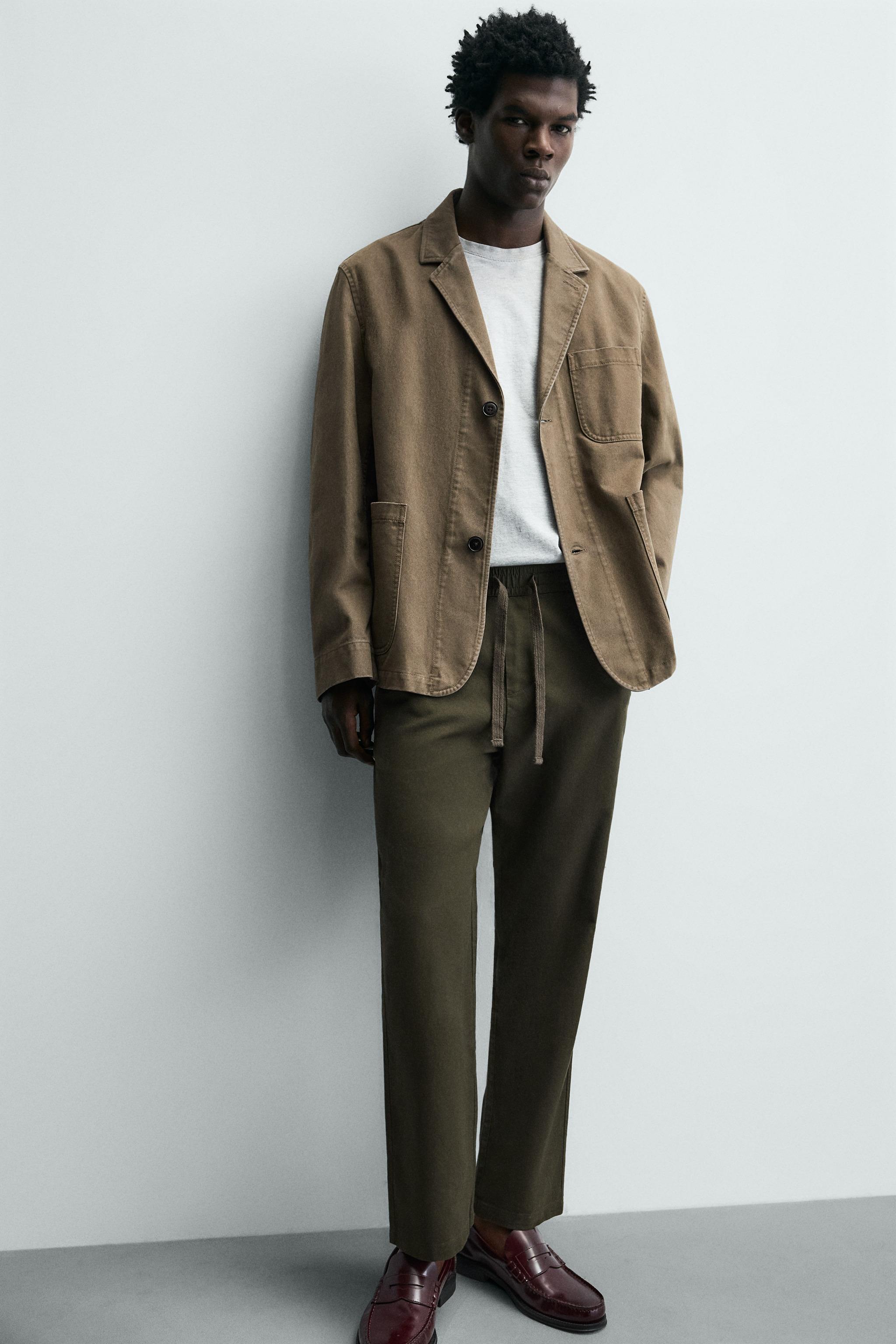 Linen Blend Relaxed Fit Trousers (Dark Khaki)