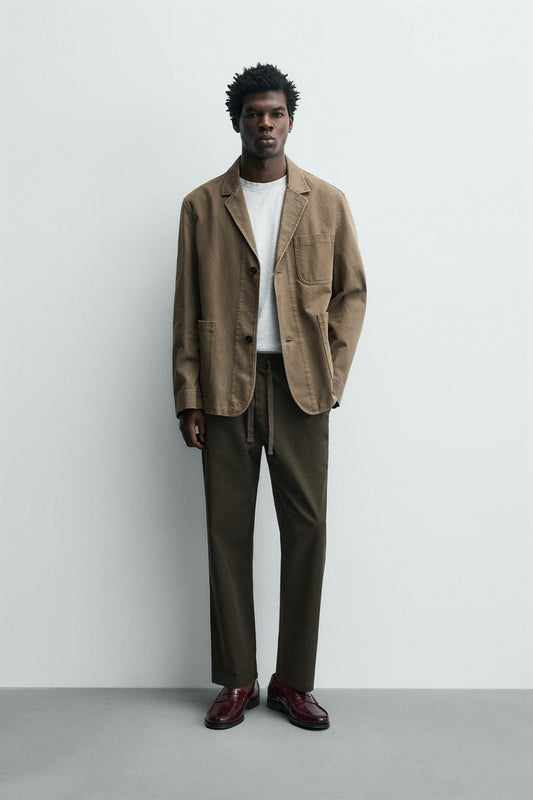 Linen Blend Relaxed Fit Trousers (Dark Khaki)