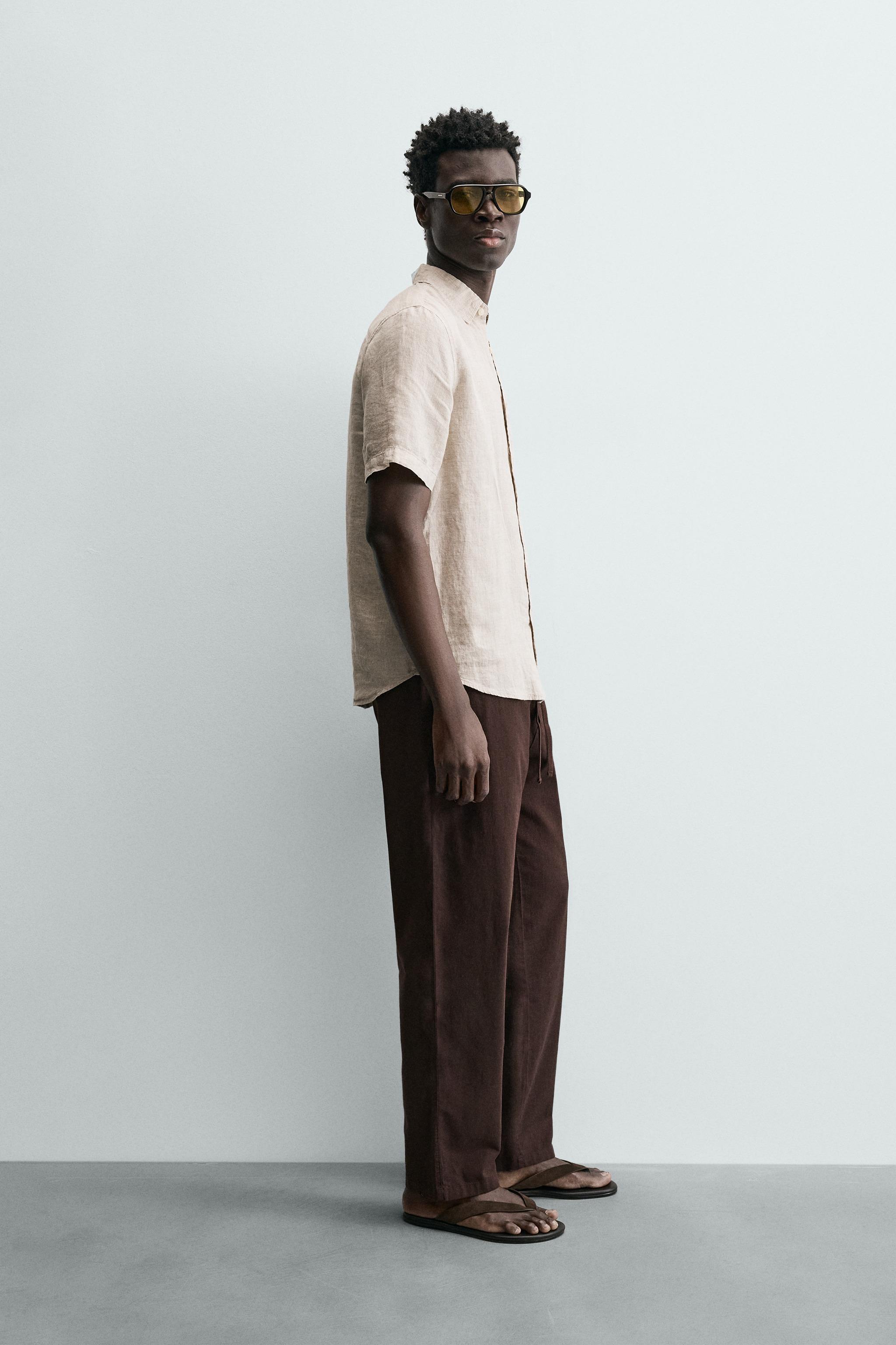 Linen Blend Relaxed Fit Trousers (Brown)