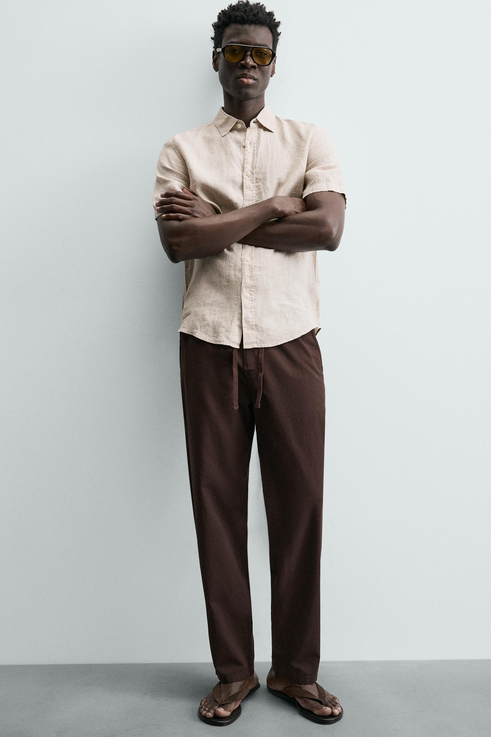 Linen Blend Relaxed Fit Trousers (Brown)