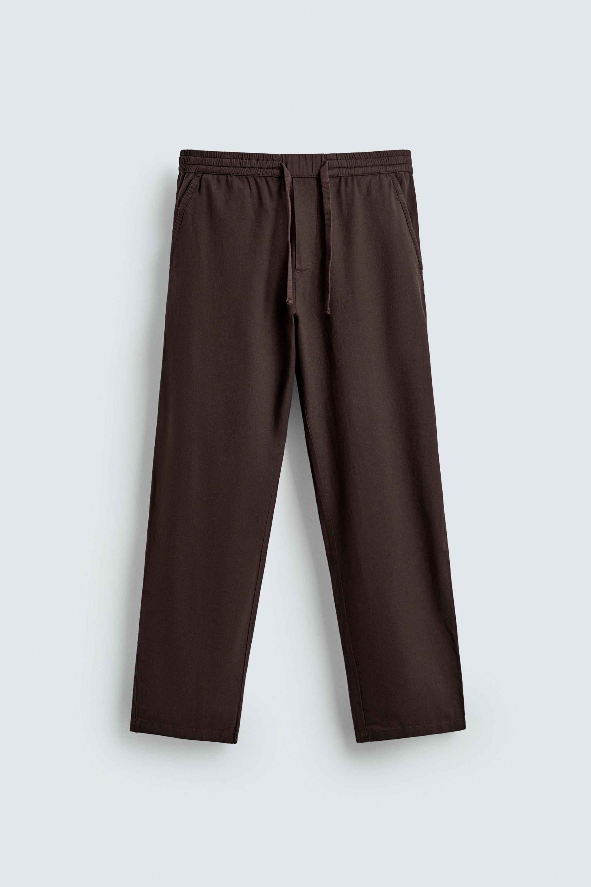 Linen Blend Relaxed Fit Trousers (Brown)