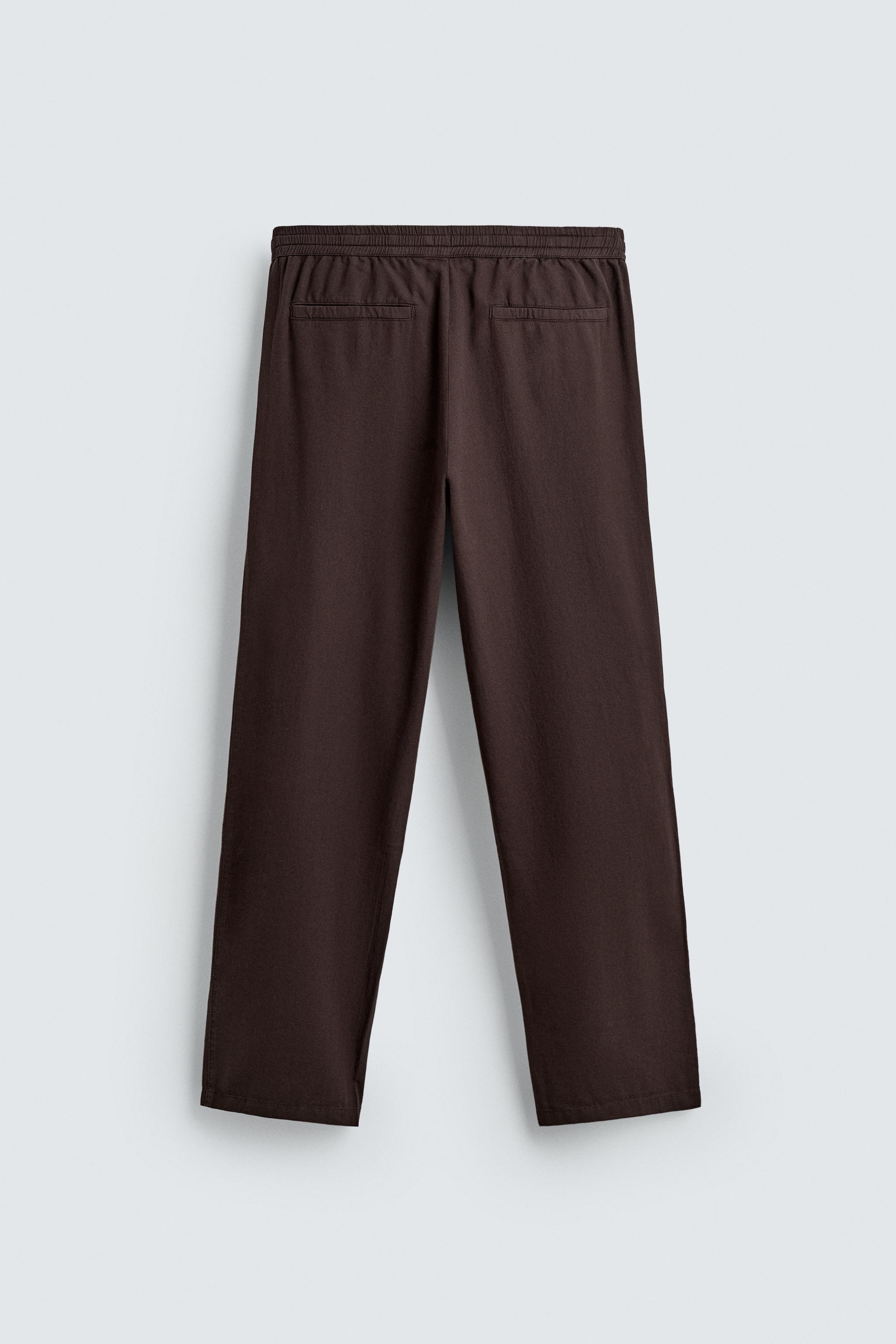 Linen Blend Relaxed Fit Trousers (Brown)