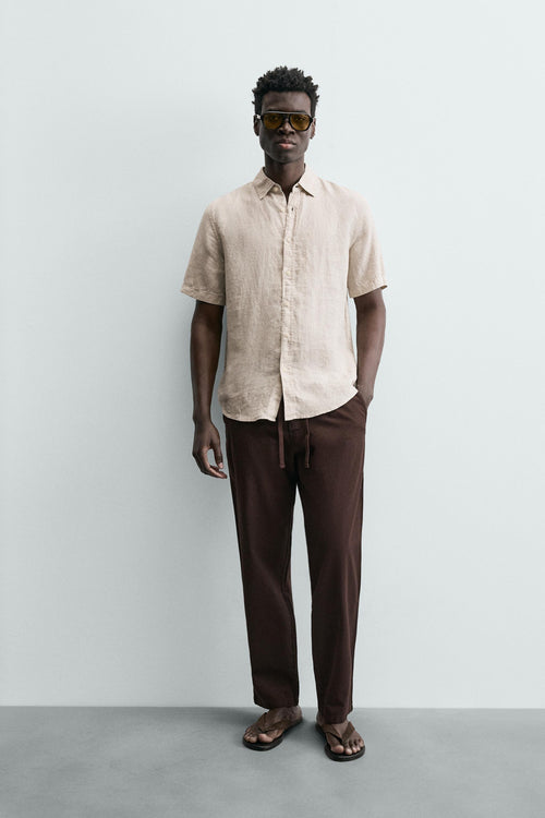 Linen Blend Relaxed Fit Trousers (Brown)