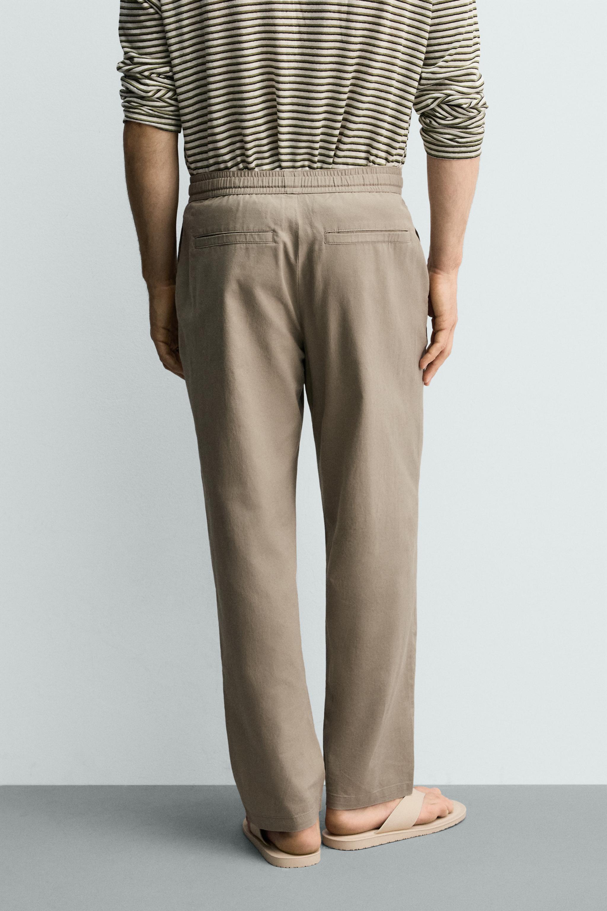 Linen Blend Relaxed Fit Trousers (Khaki)