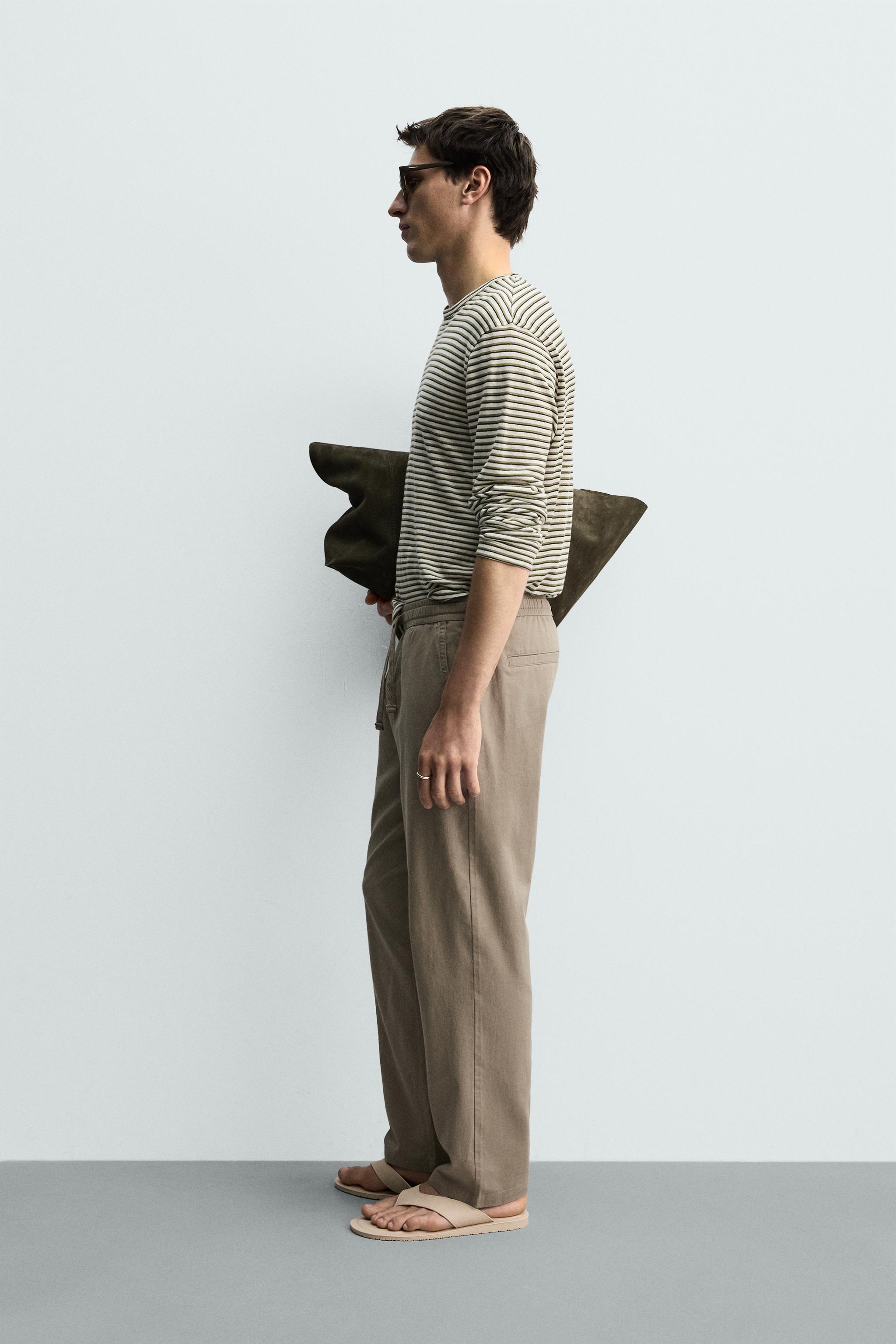 Linen Blend Relaxed Fit Trousers (Khaki)