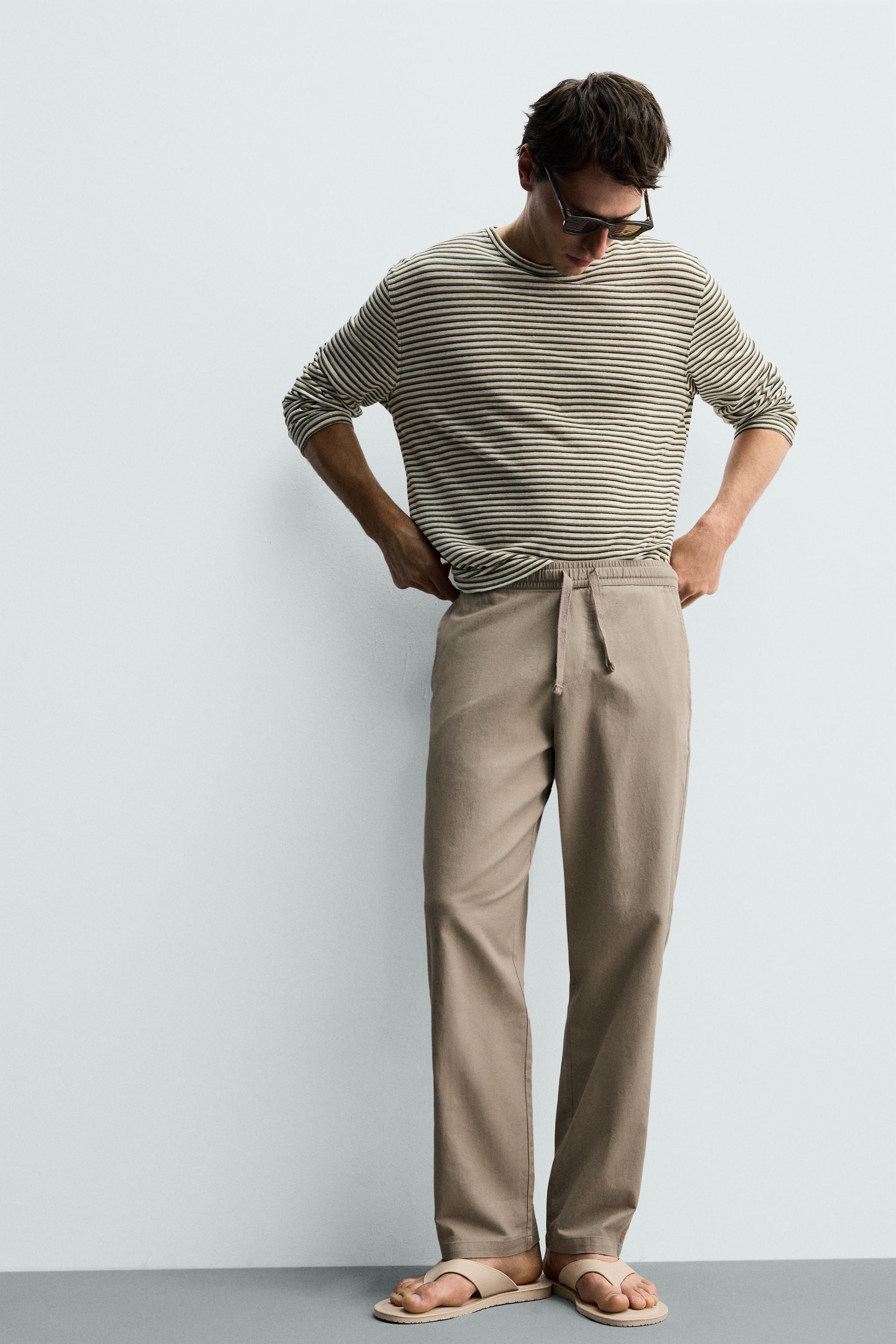 Linen Blend Relaxed Fit Trousers (Khaki)