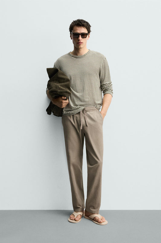 Linen Blend Relaxed Fit Trousers (Khaki)