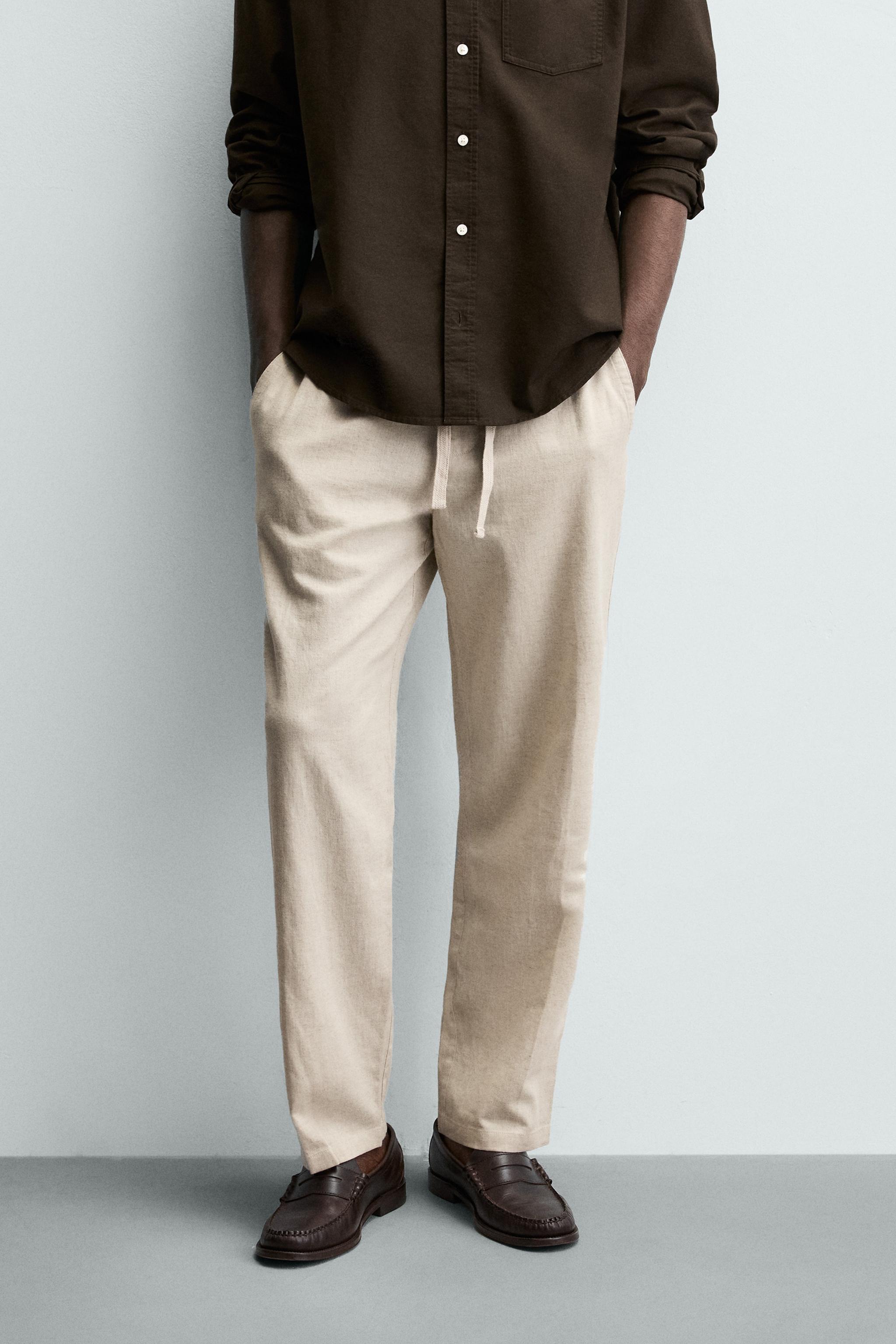 Linen Blend Relaxed Fit Trousers (Light Beige)