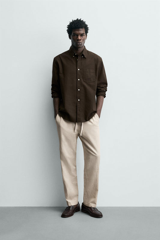 Linen Blend Relaxed Fit Trousers (Light Beige)