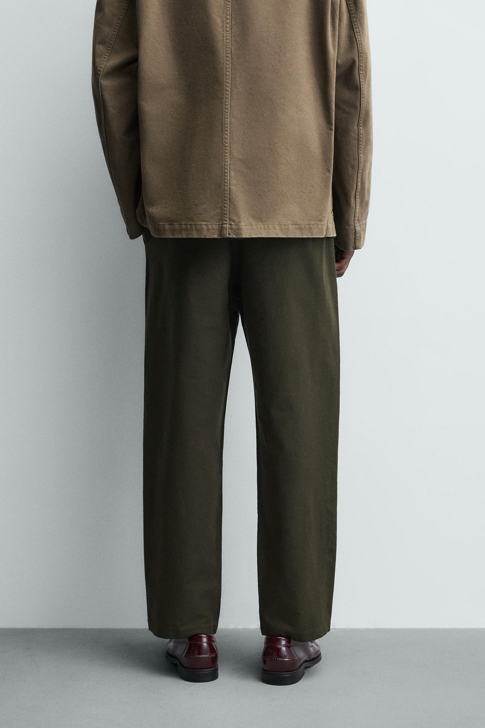 Linen Blend Relaxed Fit Trousers (Dark Khaki)