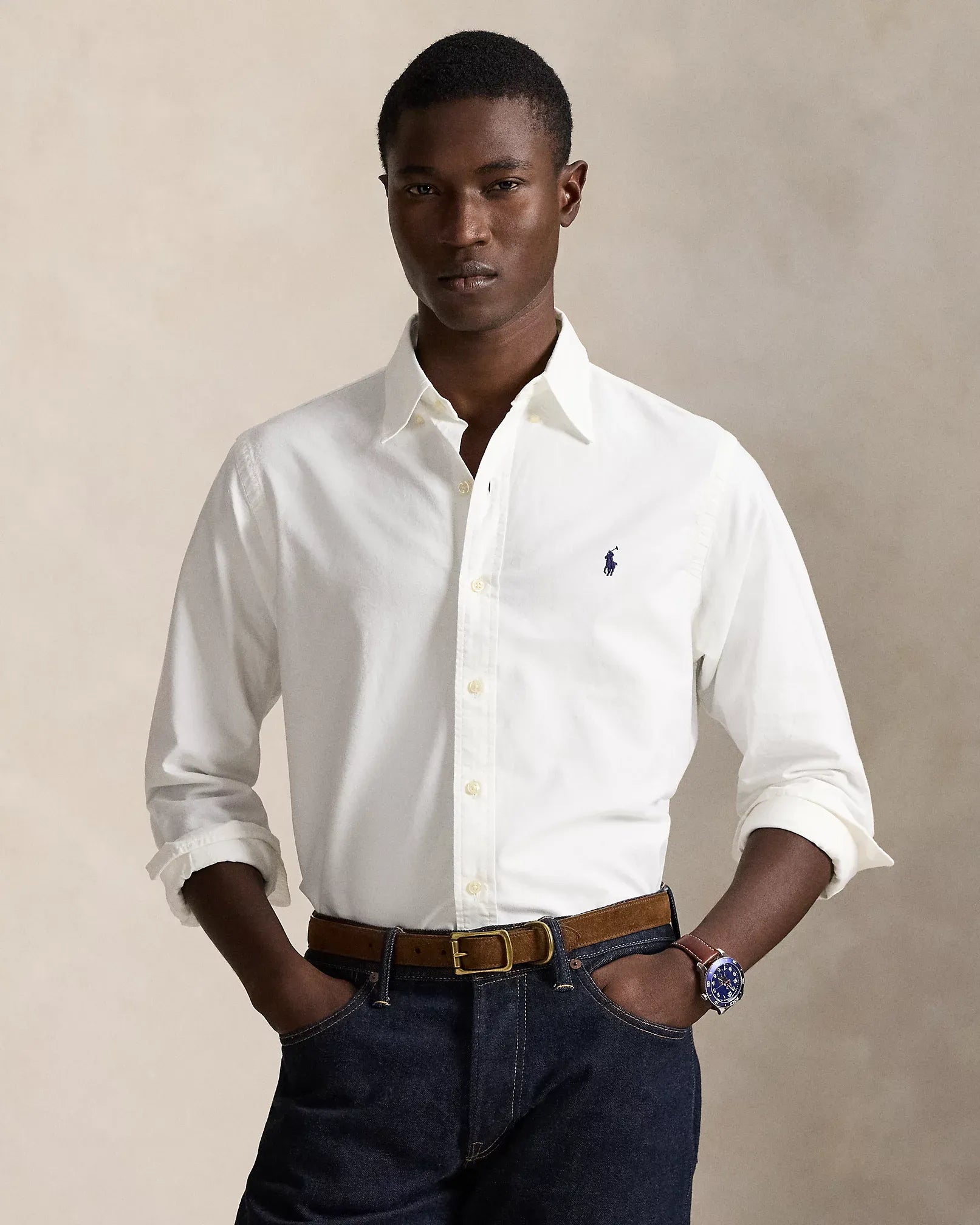 Classic Fit Garment-Dyed Oxford Shirt (White)