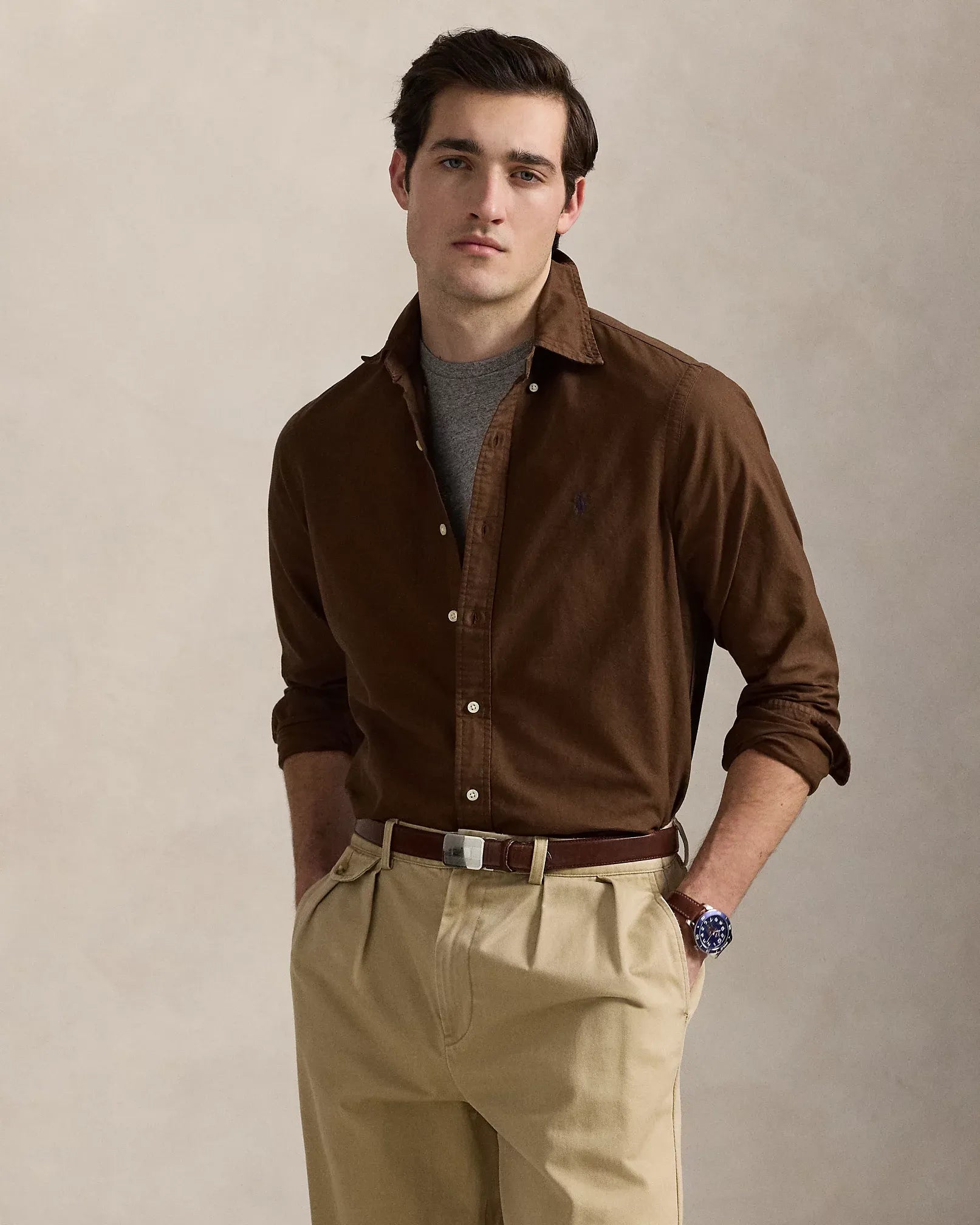 Classic Fit Garment-Dyed Oxford Shirt (Chocolate Mousse)