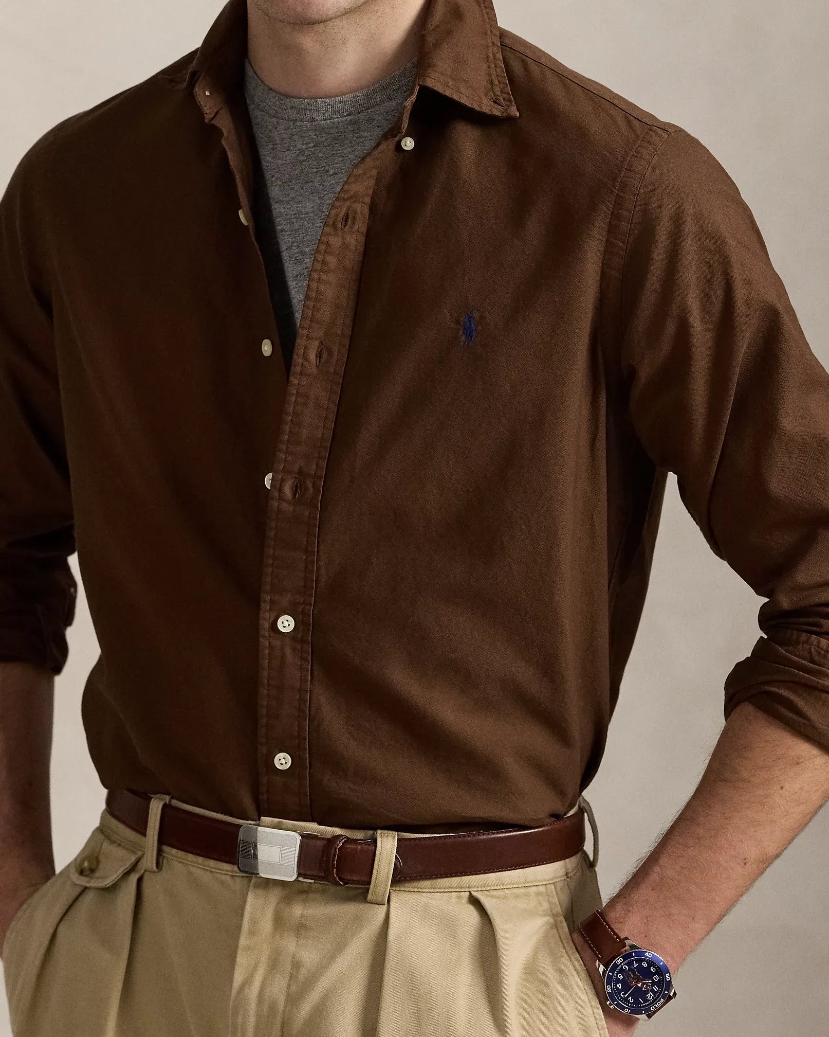 Classic Fit Garment-Dyed Oxford Shirt (Chocolate Mousse)