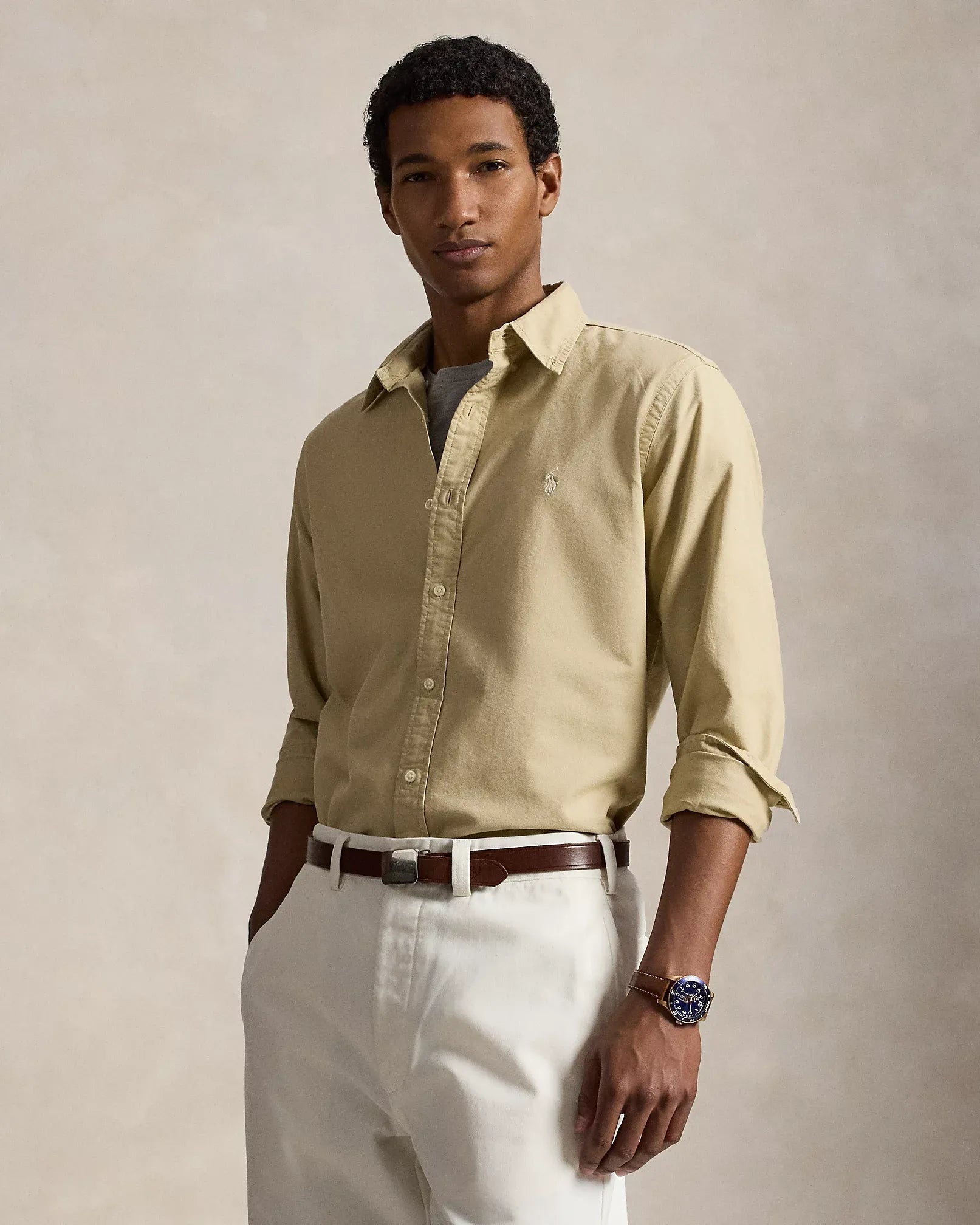 Classic Fit Garment-Dyed Oxford Shirt (Dune Tan)