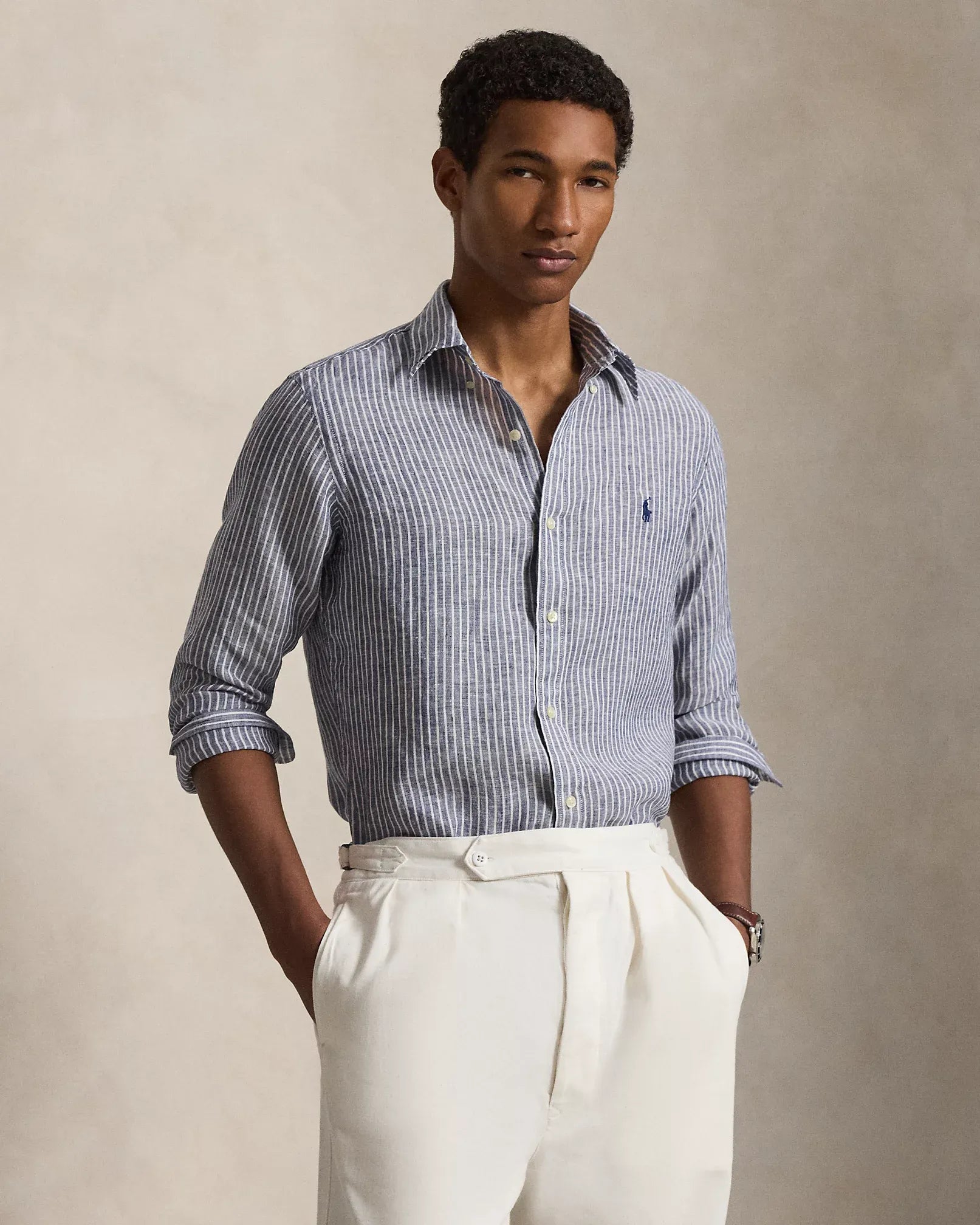 Slim Fit Striped Linen Shirt (New Classic Navy White)