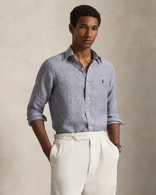 Slim Fit Striped Linen Shirt (New Classic Navy White)