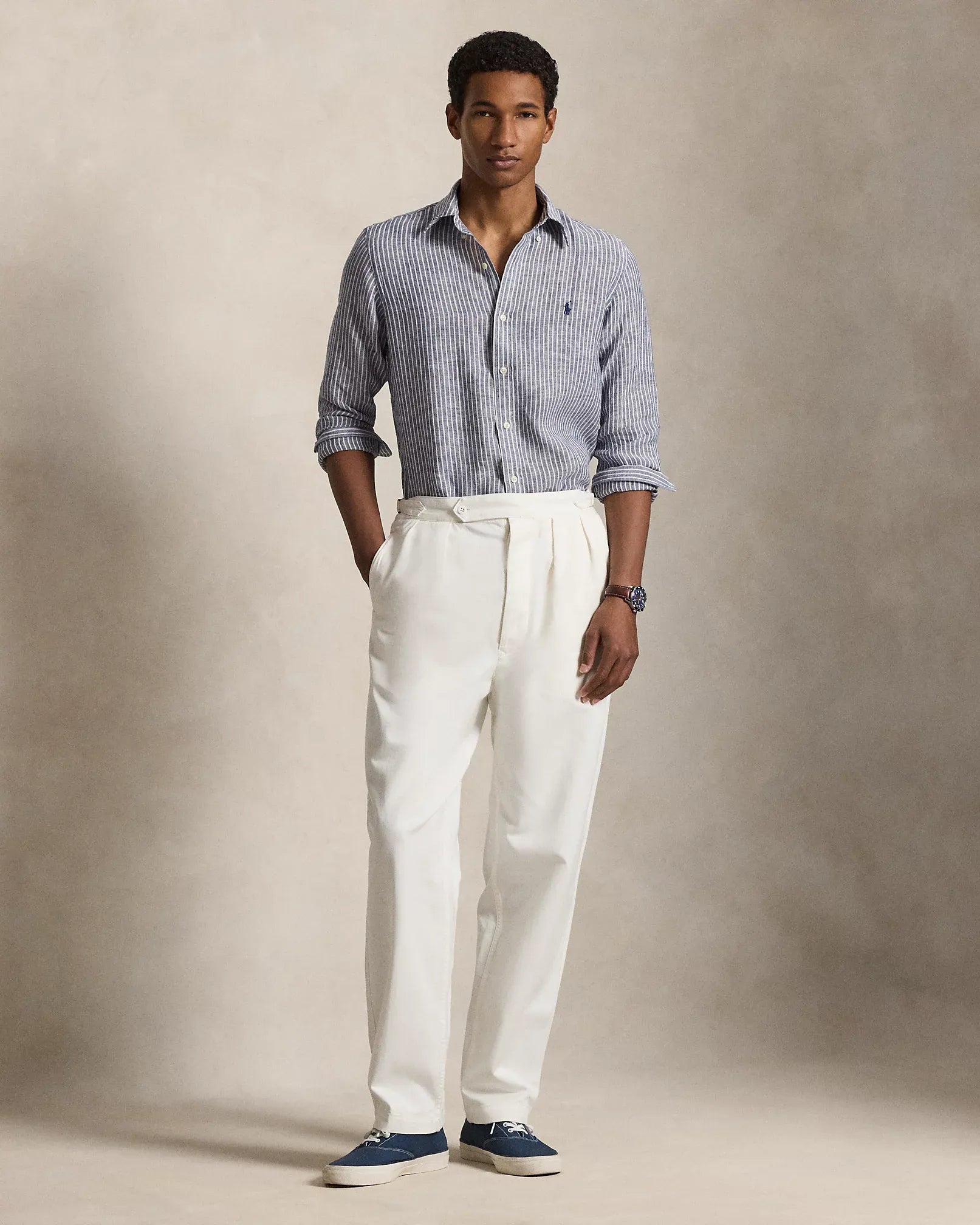Slim Fit Striped Linen Shirt (New Classic Navy White)