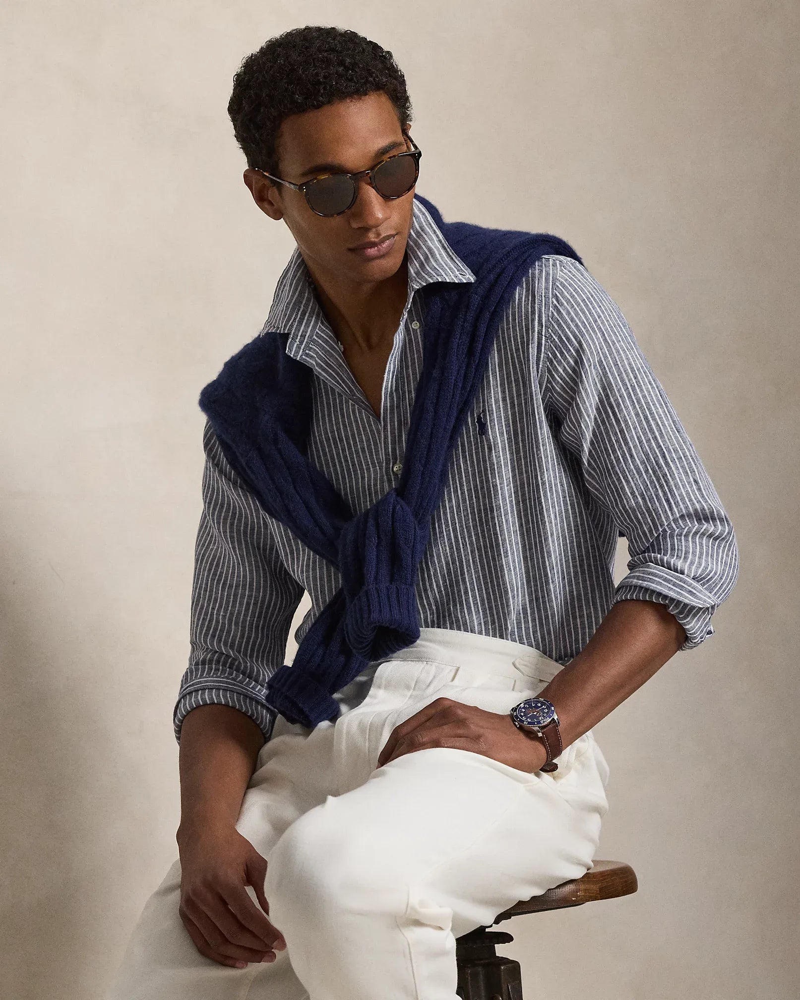 Slim Fit Striped Linen Shirt (New Classic Navy White)