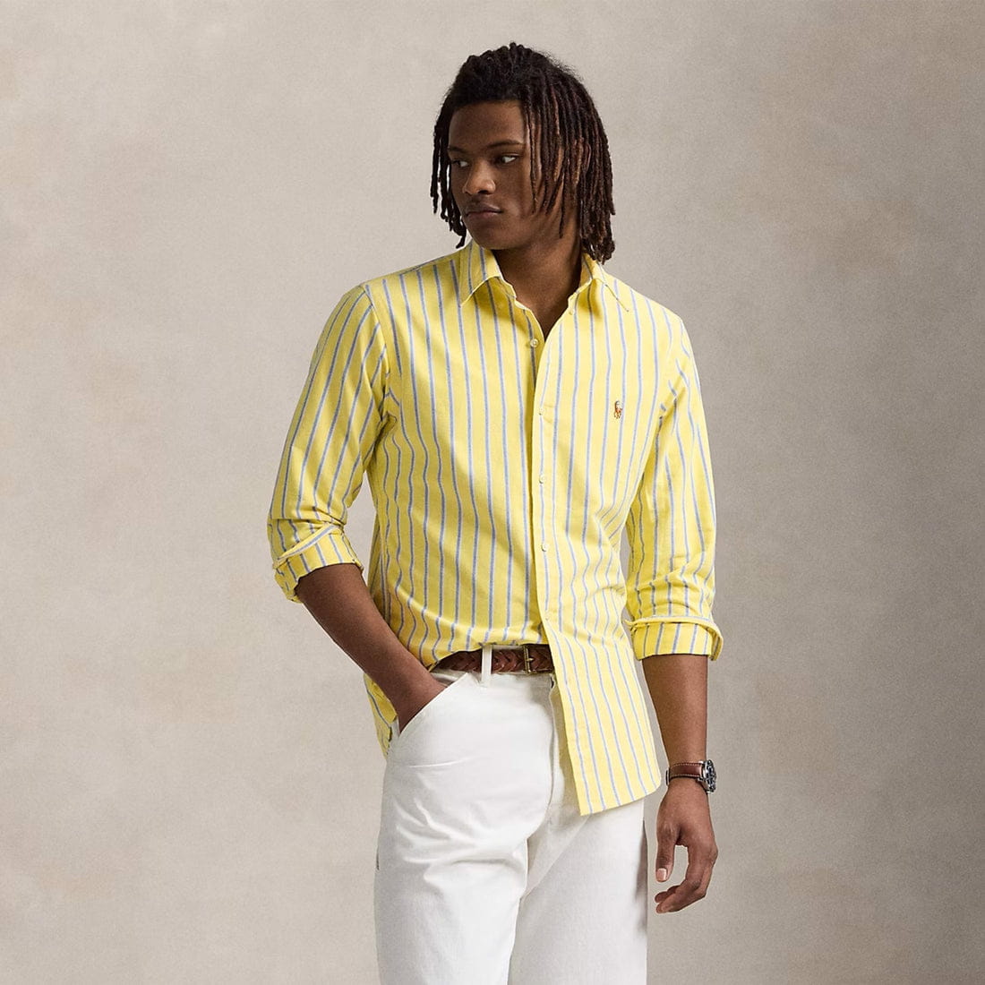 Classic Fit Striped Cotton Oxford Shirt (Yellow Multi)