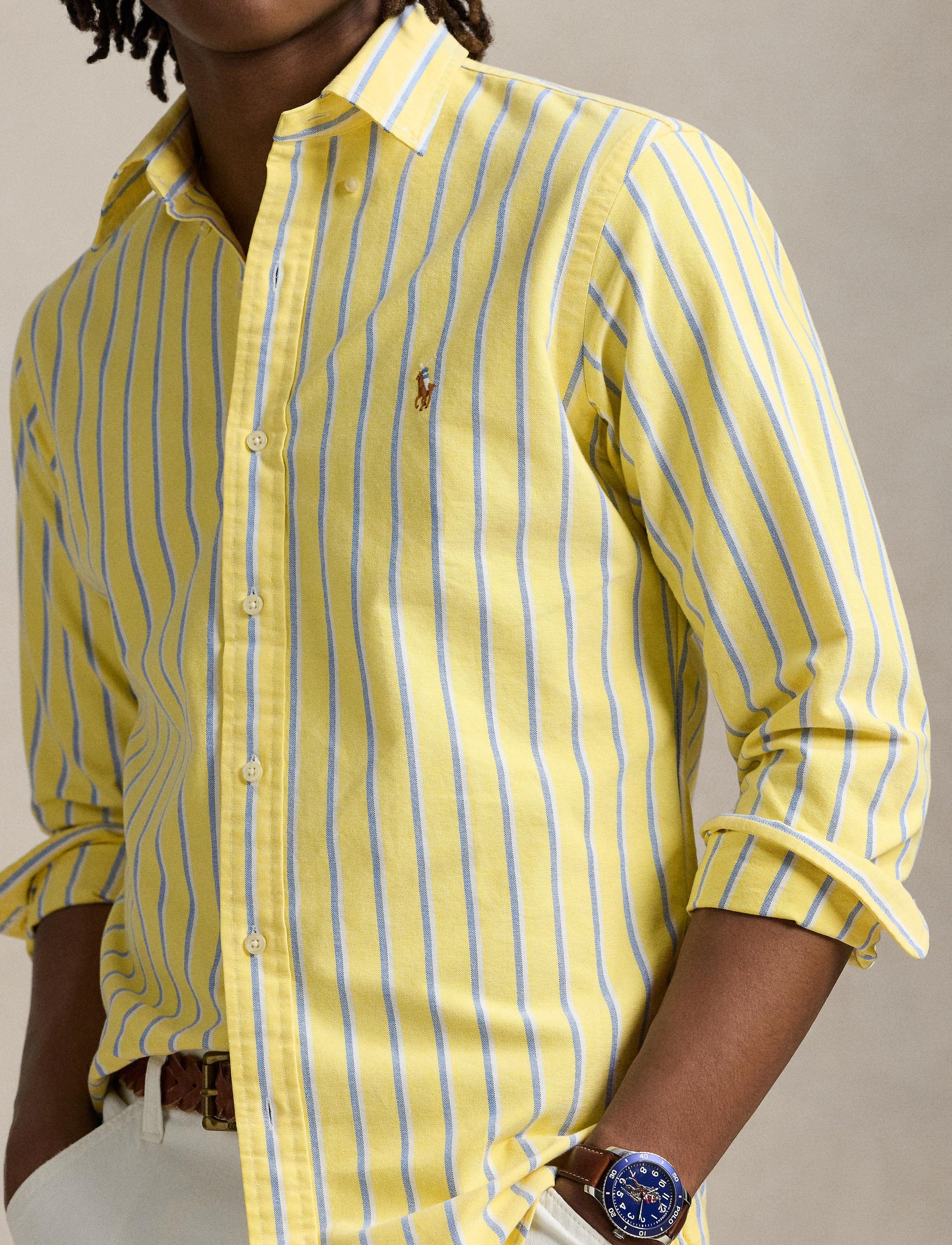Classic Fit Striped Cotton Oxford Shirt (Yellow Multi)