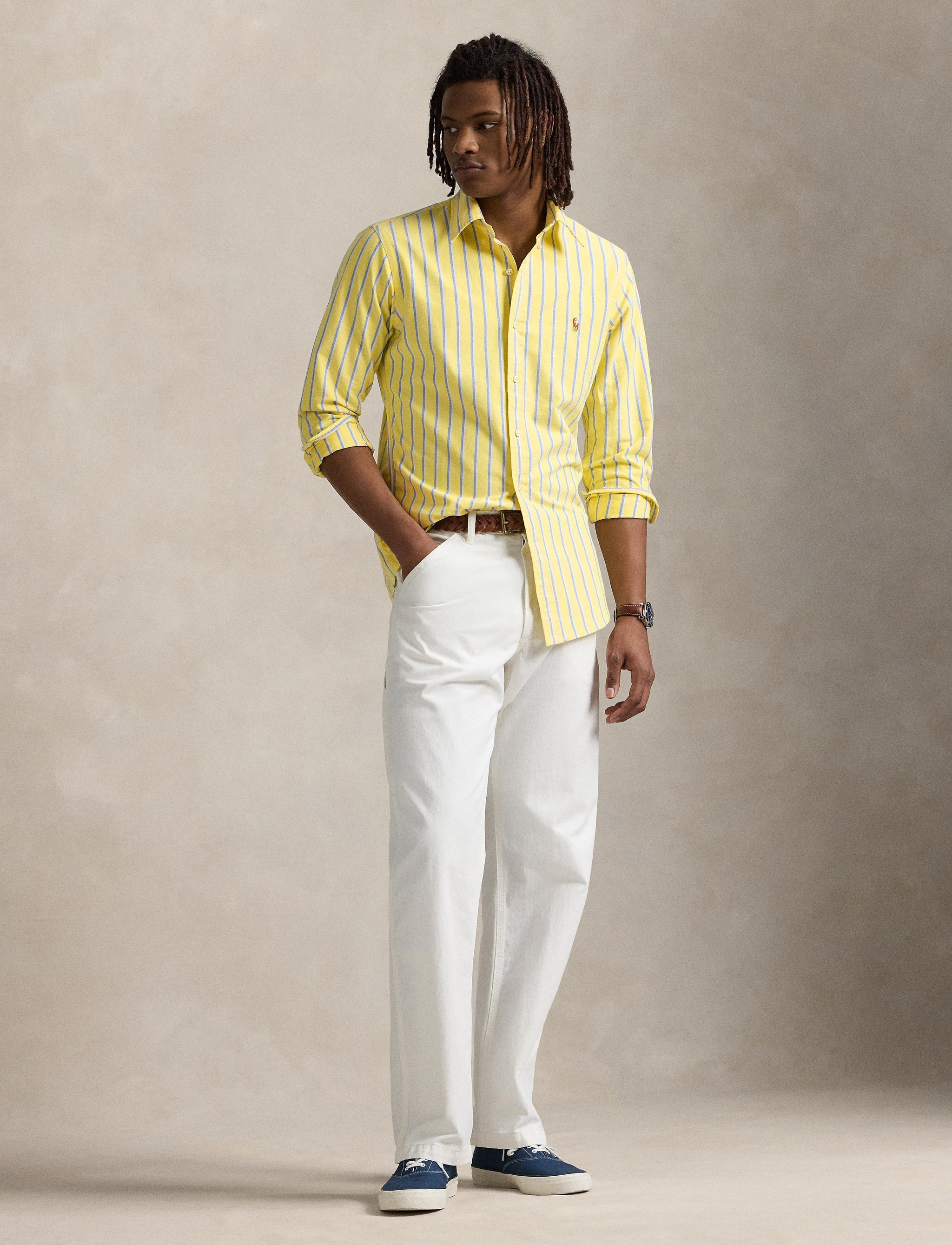 Classic Fit Striped Cotton Oxford Shirt (Yellow Multi)