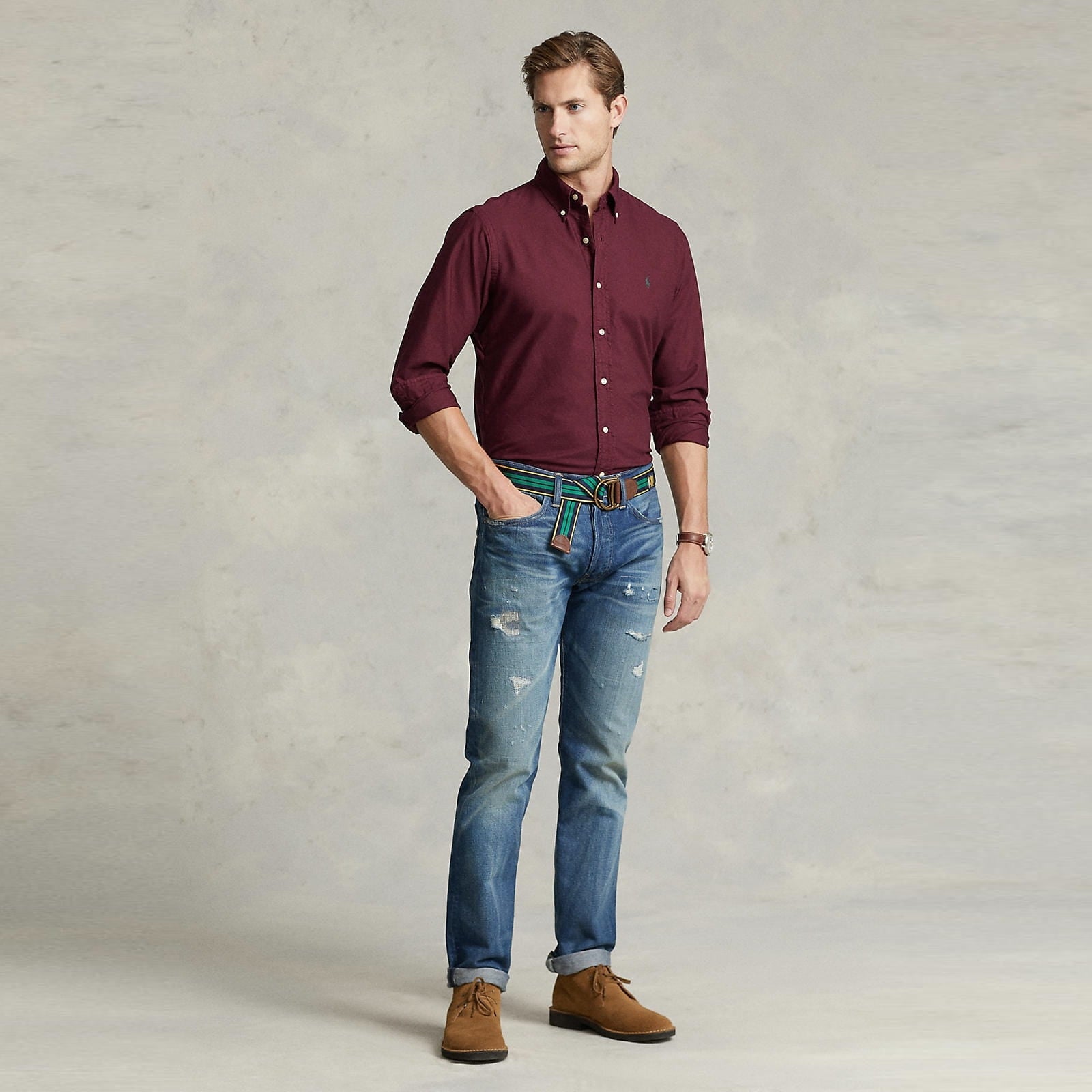 Classic Fit Garment-Dyed Oxford Shirt (Burgundy)