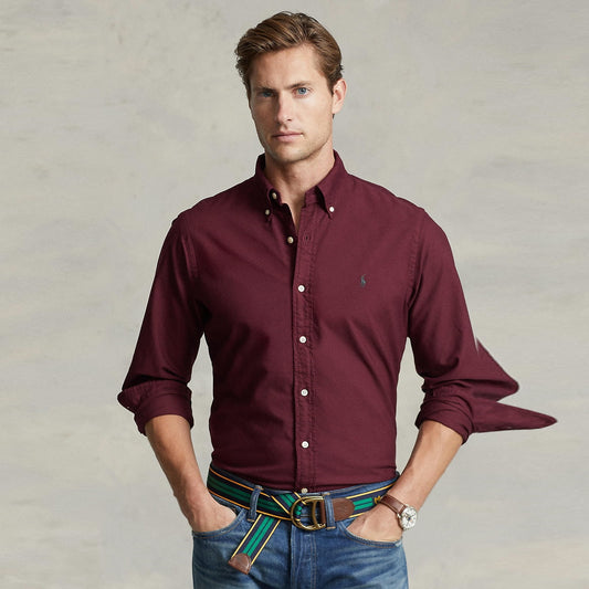Classic Fit Garment-Dyed Oxford Shirt (Burgundy)