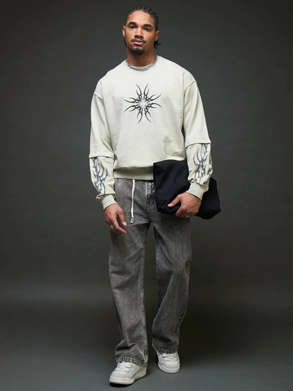 Fallen Stars Sweatshirt With Graphic Sleeve Print (Cream)
