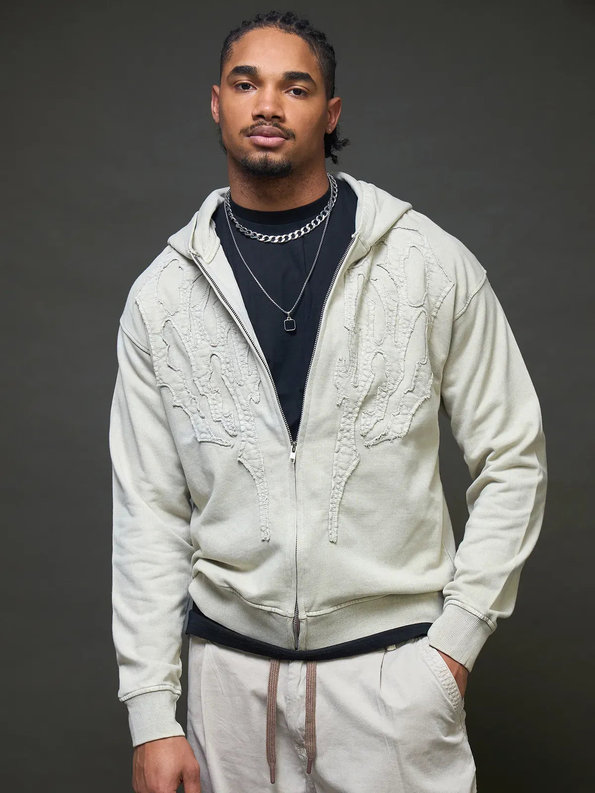 Slate Grey Embroidered Zip Up Hoodie
