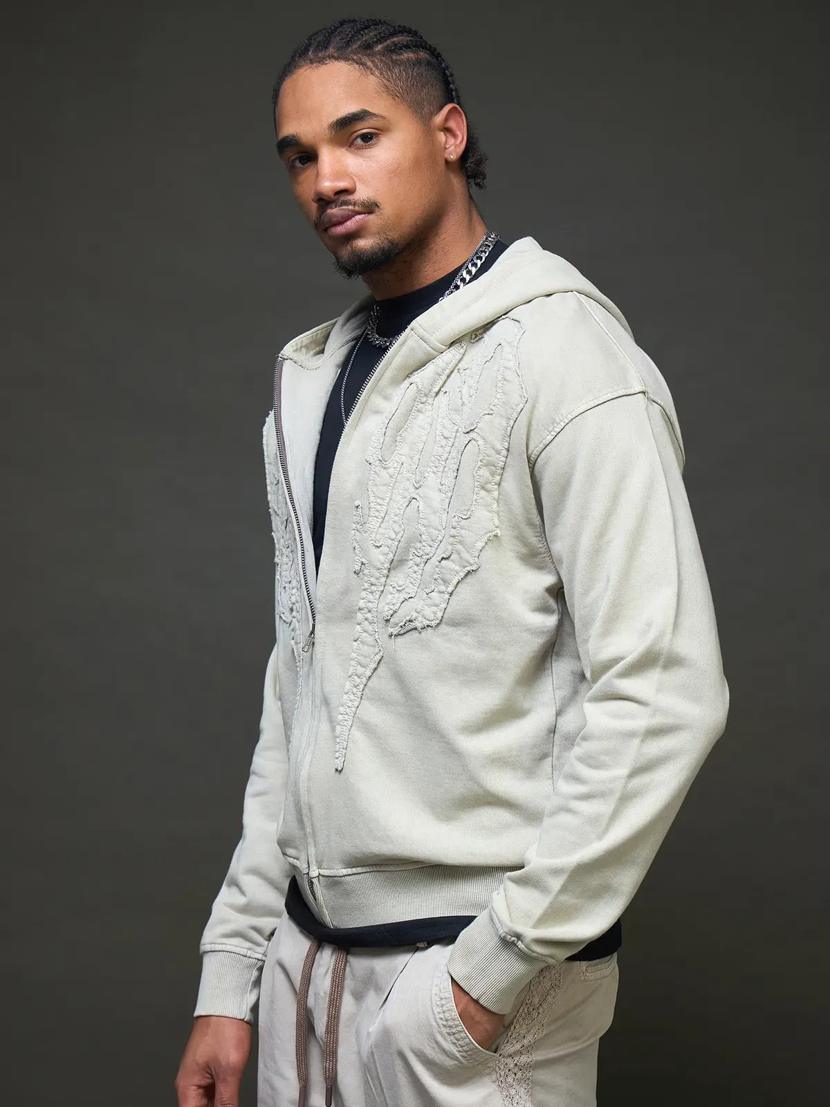 Slate Grey Embroidered Zip Up Hoodie