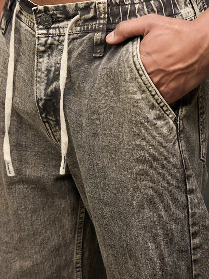 Acid Washed Wide-Leg Denim Jean With Drawstring (Grey)