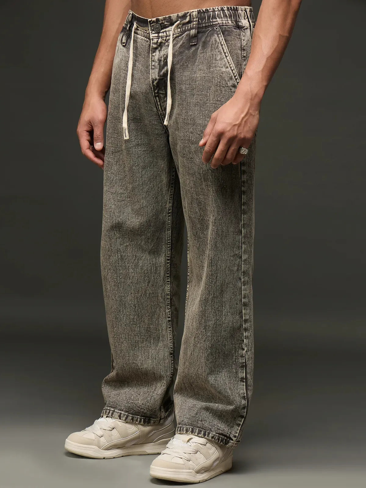Acid Washed Wide-Leg Denim Jean With Drawstring (Grey)