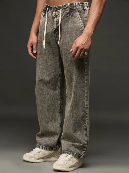 Acid Washed Wide-Leg Denim Jean With Drawstring (Grey)