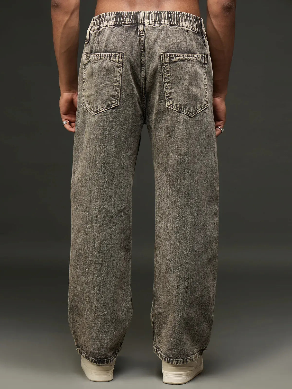 Acid Washed Wide-Leg Denim Jean With Drawstring (Grey)