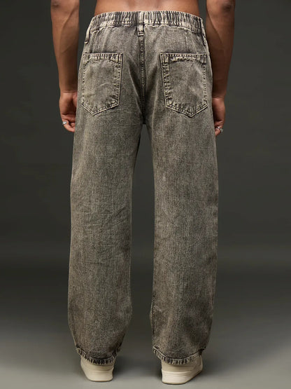 Acid Washed Wide-Leg Denim Jean With Drawstring (Grey)