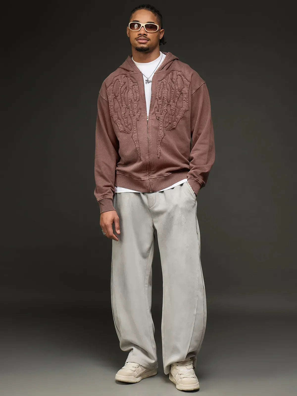 Mocha Brown Embroidered Zip Up Hoodie