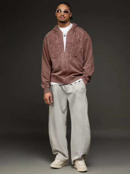 Mocha Brown Embroidered Zip Up Hoodie
