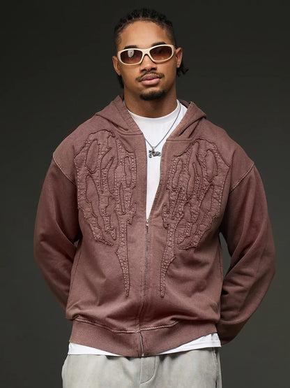 Mocha Brown Embroidered Zip Up Hoodie