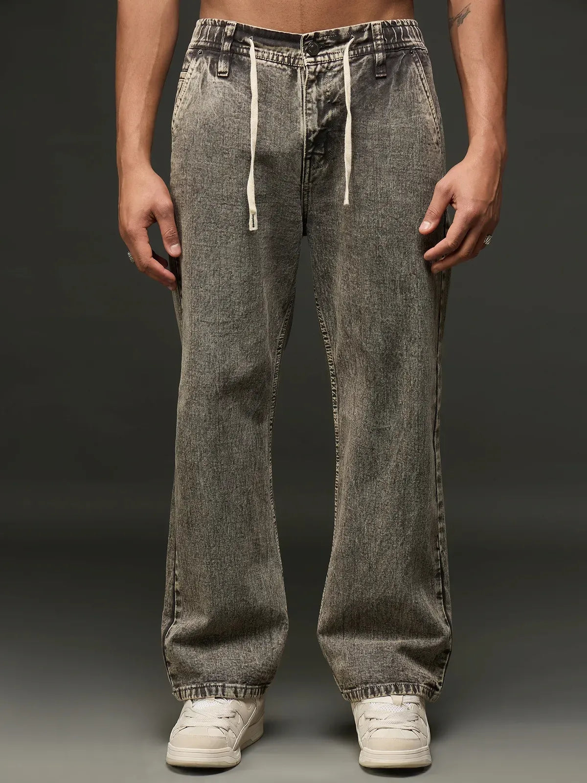 Acid Washed Wide-Leg Denim Jean With Drawstring (Grey)