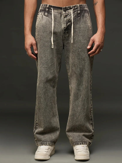 Acid Washed Wide-Leg Denim Jean With Drawstring (Grey)