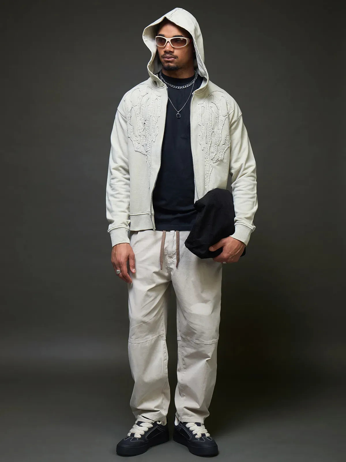 Slate Grey Embroidered Zip Up Hoodie