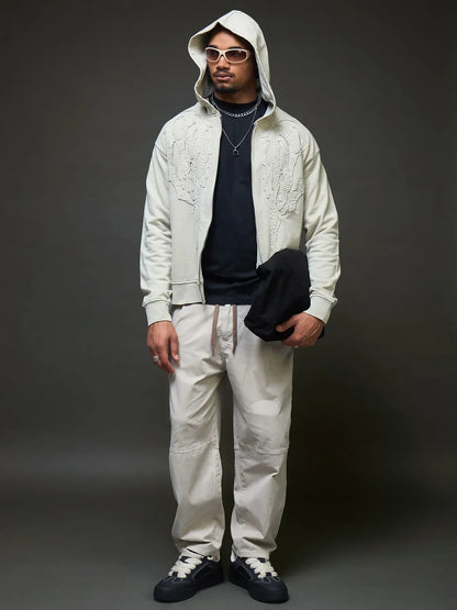 Slate Grey Embroidered Zip Up Hoodie