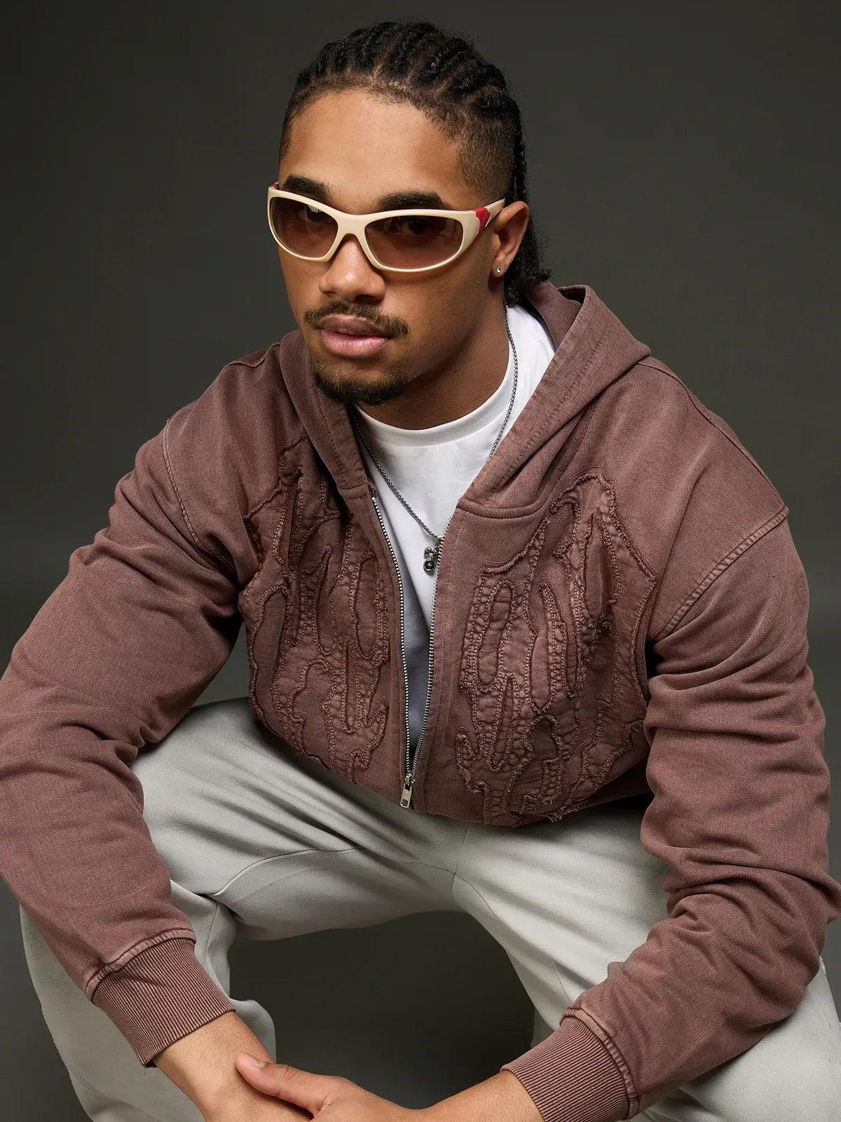 Mocha Brown Embroidered Zip Up Hoodie