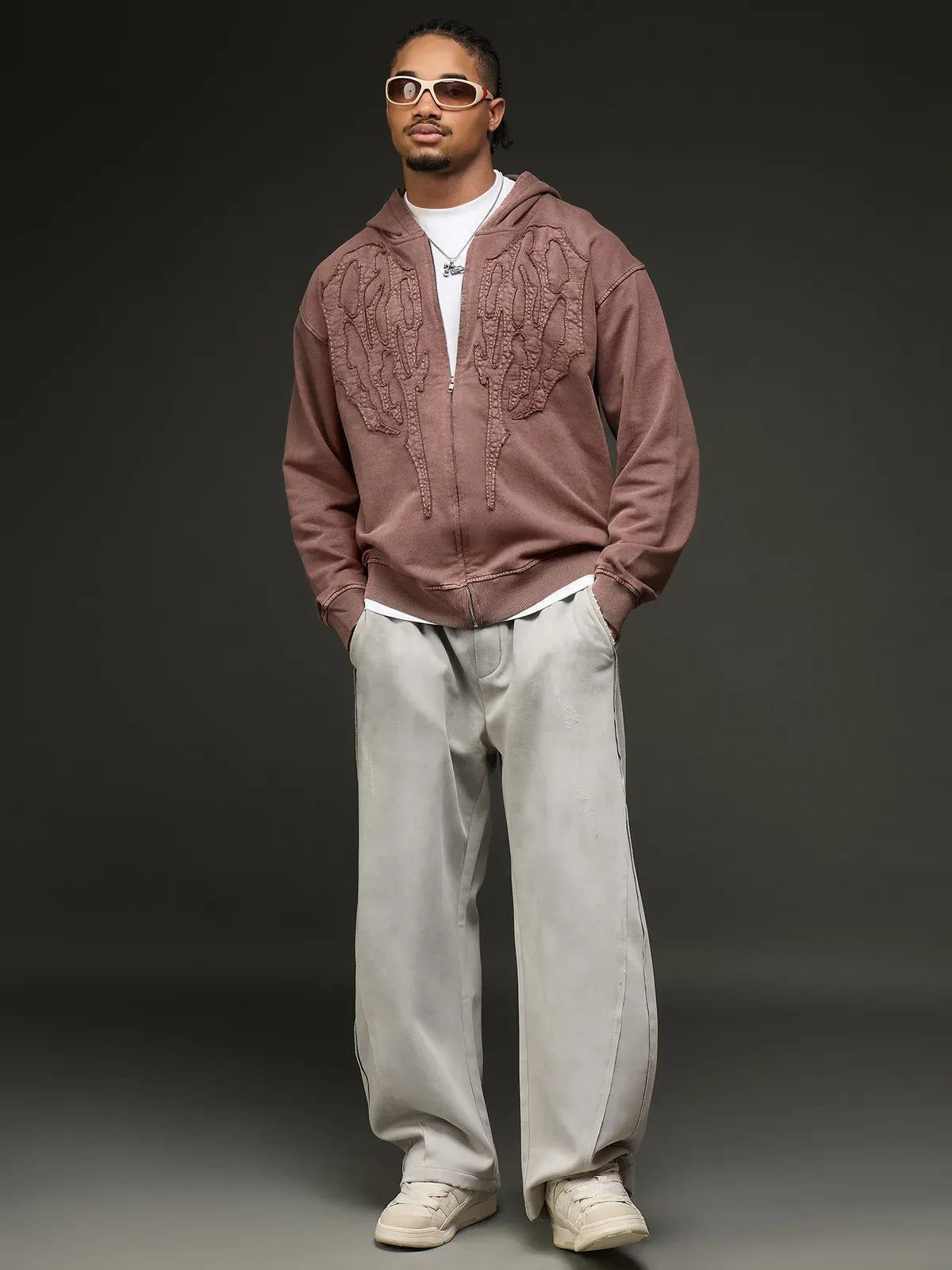 Mocha Brown Embroidered Zip Up Hoodie