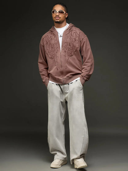 Mocha Brown Embroidered Zip Up Hoodie
