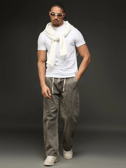 Acid Washed Wide-Leg Denim Jean With Drawstring (Grey)